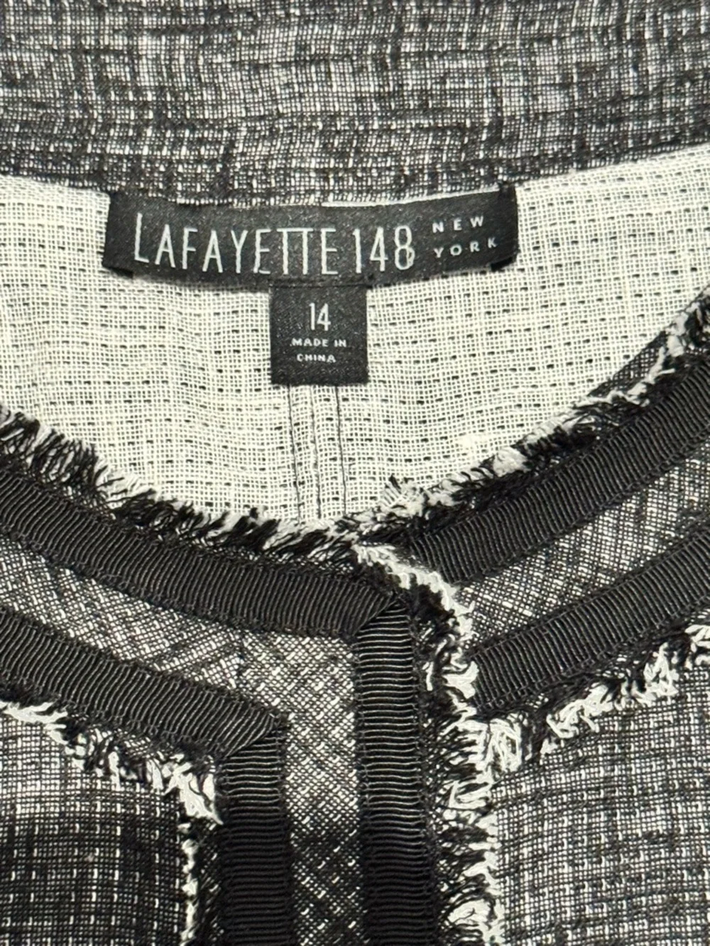 Lafayette 148 Jacket Black Collarless Fringe Linen 14 - Picture 8 of 10